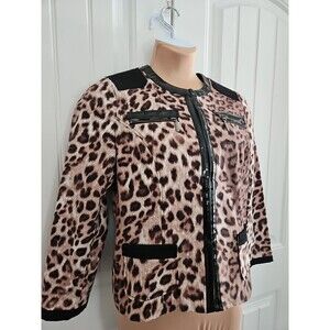 Chico's Size 1 US 8 Jacket Brown Cheetah Print Faux Patent Leather Pockets Clasp